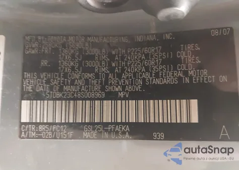 2008 Toyota Sienna Le z USA, uszkodzony, nr VIN 5TDBK23C48S008969